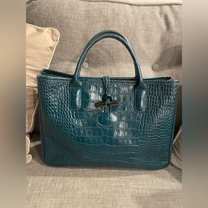 Longchamp Elegant Teal Crocodile-Embossed Leather Handbag